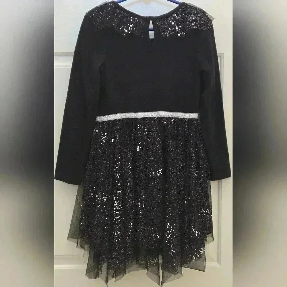 Girls black and silver glitter layered tule long sleeve dress size 6 / 6X - Picture 2 of 8